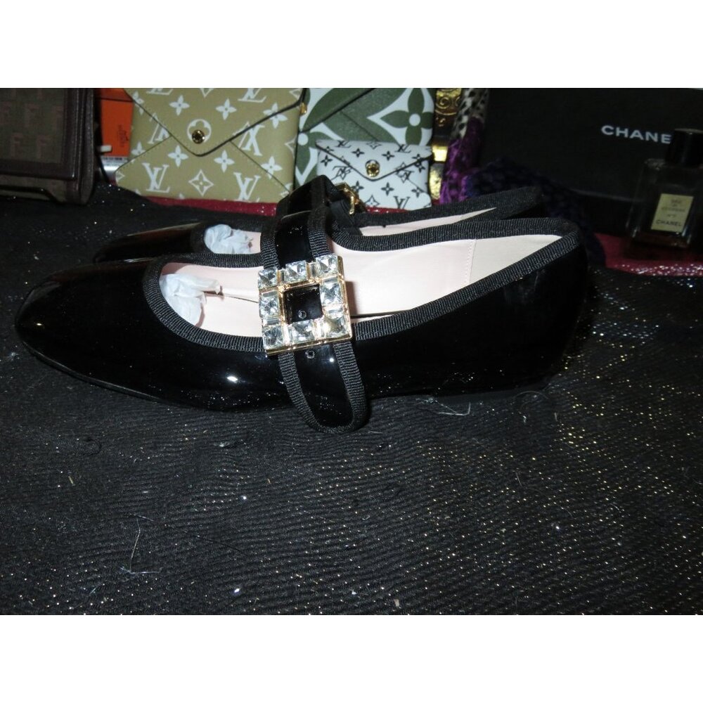 MARY JANE BLACK PATENT RHINESTONE EMBELLISHED BUCKLE LOLITA LOAFERS FLATS SZ 7 - Picture 1 of 10
